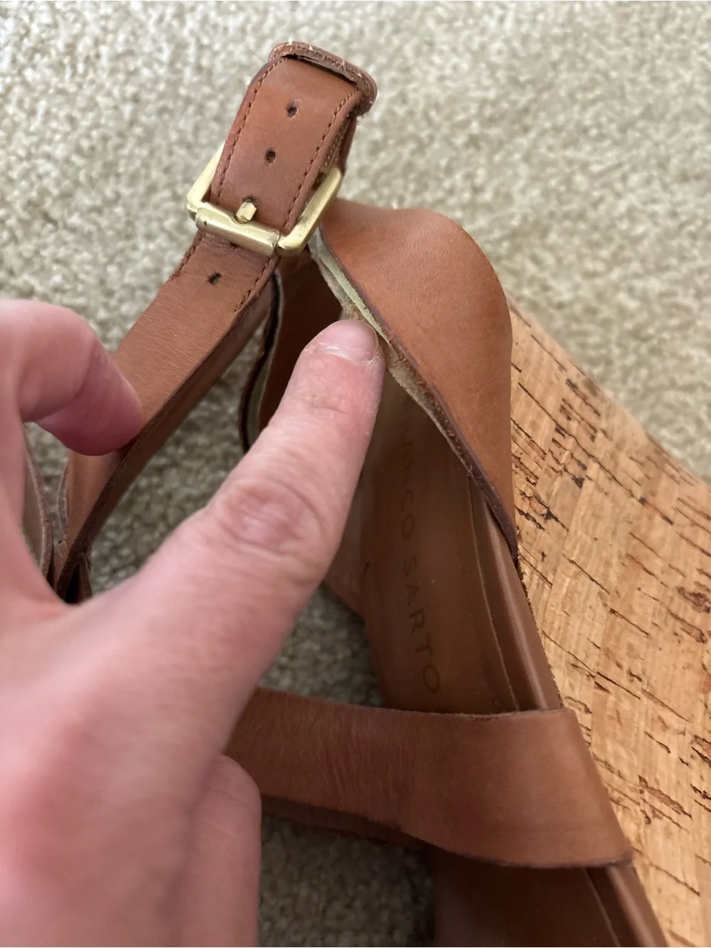 Franco Sarto Cognac Brown Leather Crisscross Wedge Sandals
